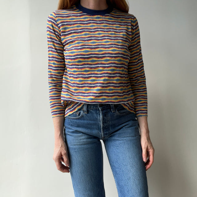 1970s Striped Long Sleeve Not Stretchy T-Shirt