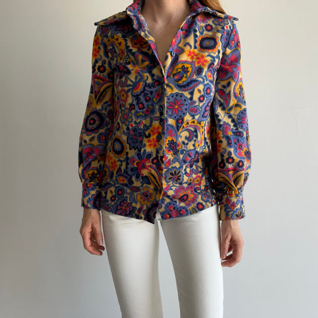 1970s Handmade Hippie Button Up Shirt with Super Collar Tips