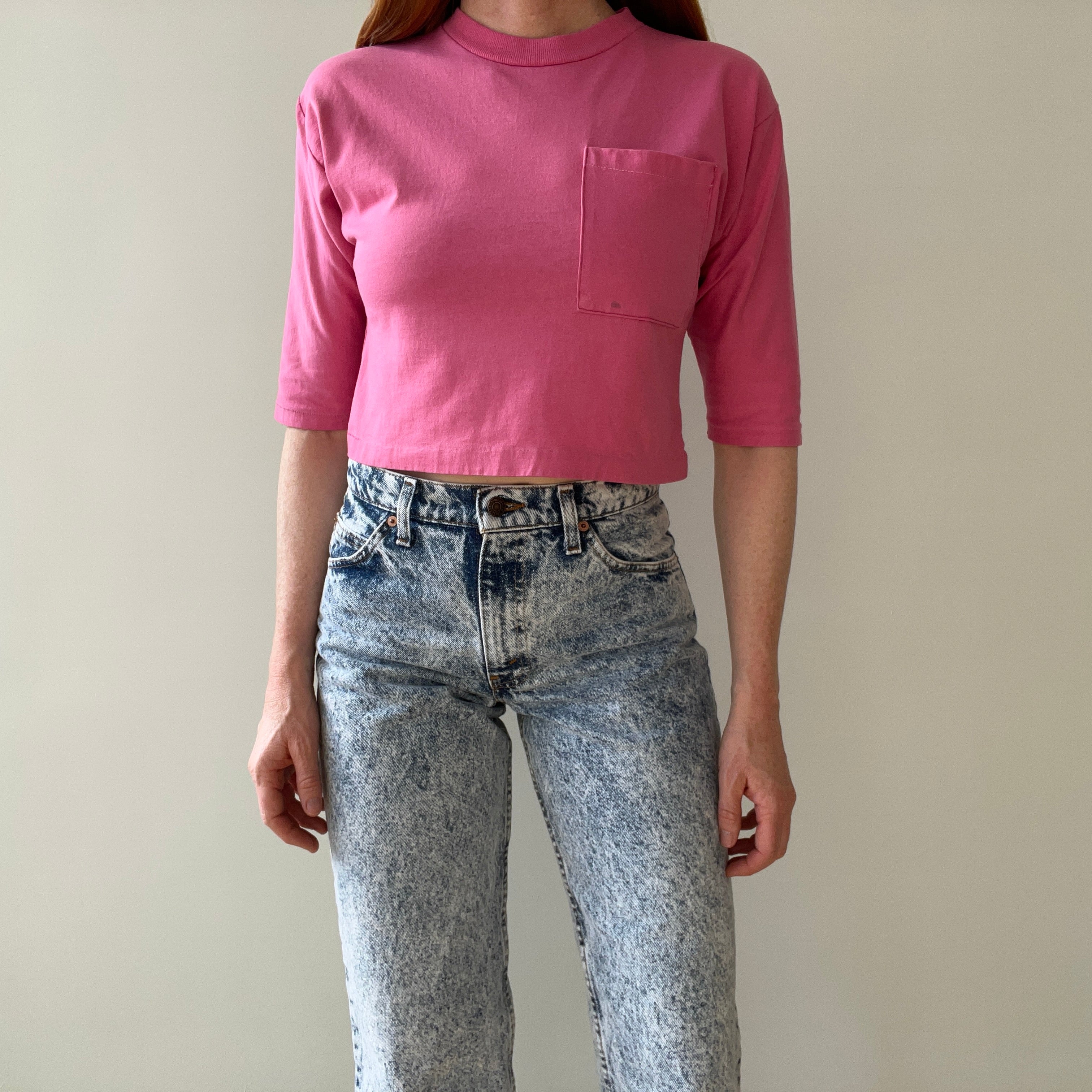 1980s Cropped Bubblegum Pink Tapered 1/2 Sleeve T-Shirt with Some Faint Staining and Wear