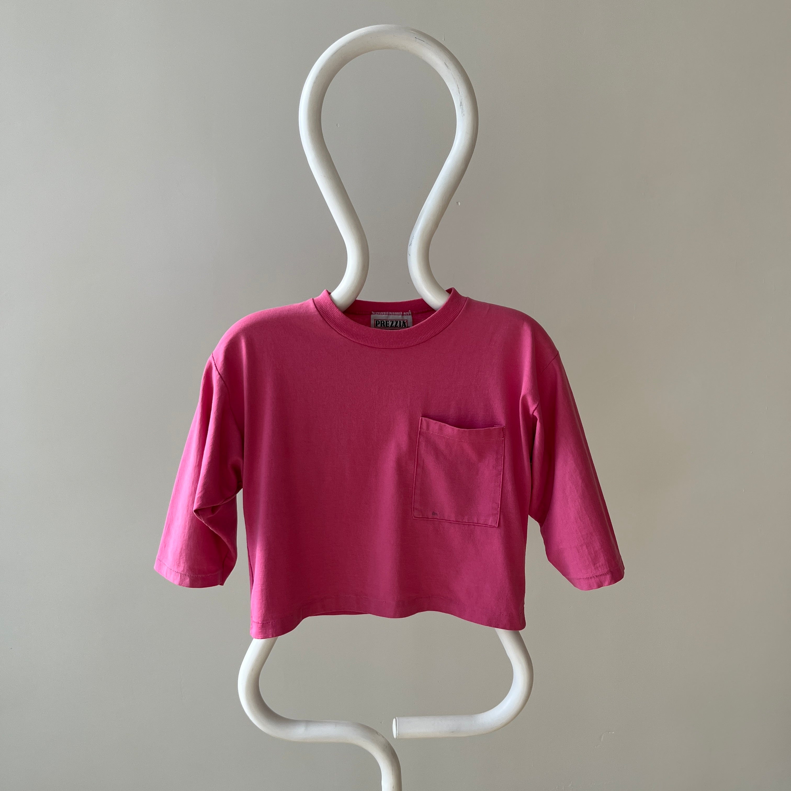 1980s Cropped Bubblegum Pink Tapered 1/2 Sleeve T-Shirt with Some Faint Staining and Wear