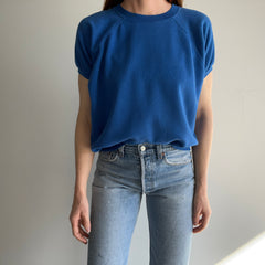 1980s Blank Blue Shorter Sleeved Warm Up Sweatshirt - Great Shape