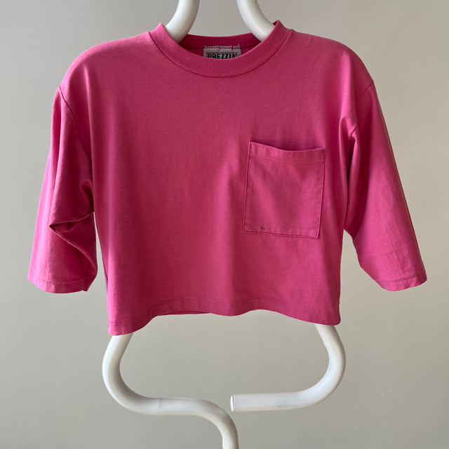 1980s Cropped Bubblegum Pink Tapered 1/2 Sleeve T-Shirt with Some Faint Staining and Wear