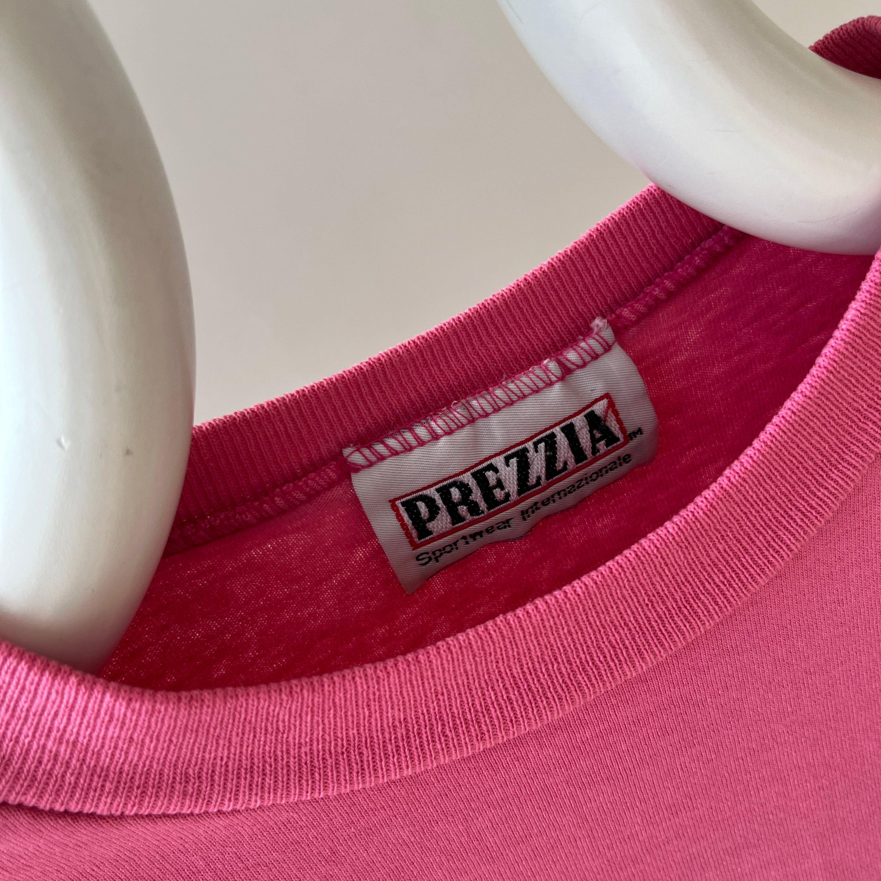 1980s Cropped Bubblegum Pink Tapered 1/2 Sleeve T-Shirt with Some Faint Staining and Wear