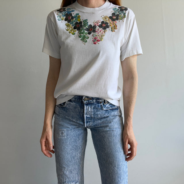 1980s DIY Floral Puffy Paint and Glitter T-Shirt by Screen Stars