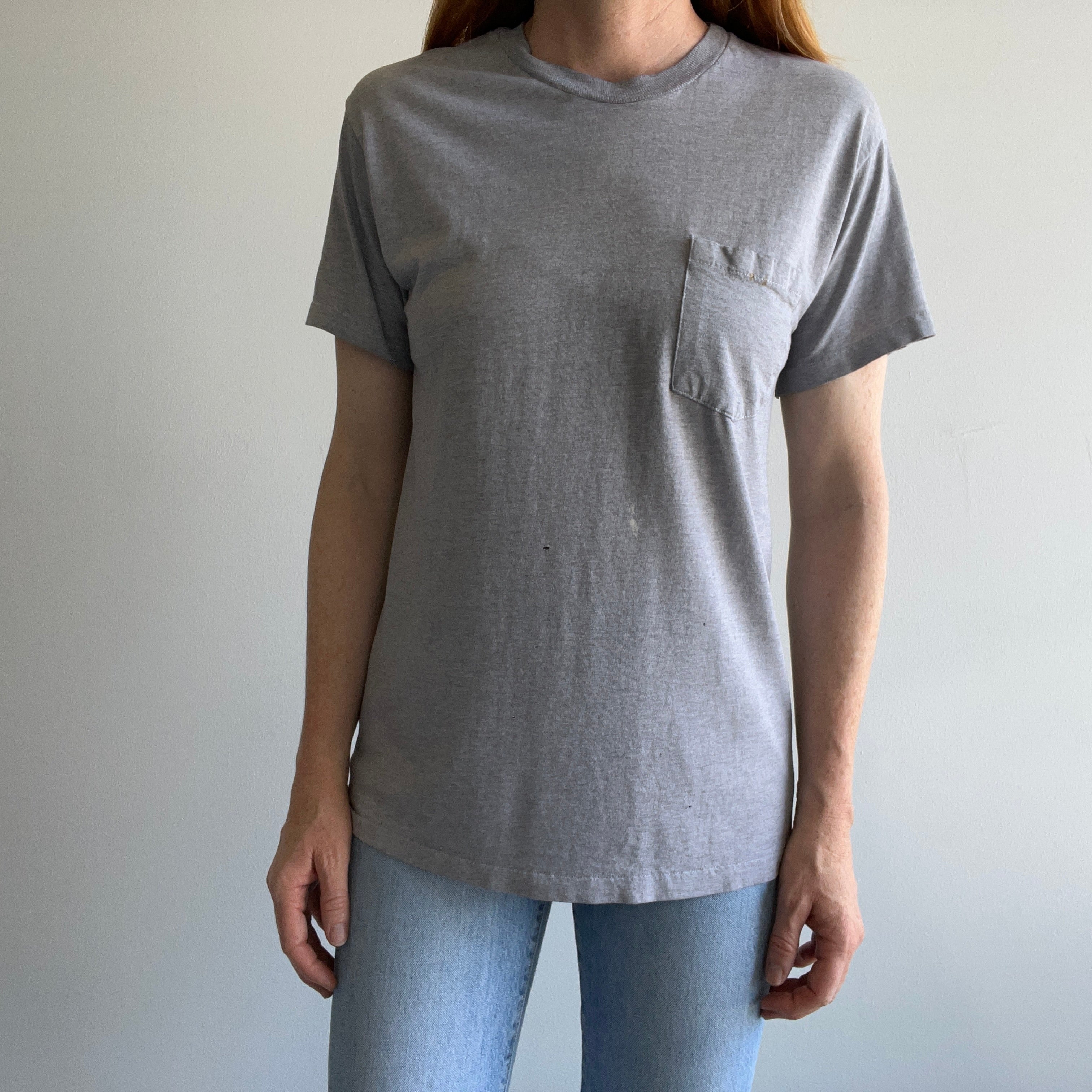 2000s Soft, Slouchy, Stained Blank Gray Pocket T-Shirt by Hanes