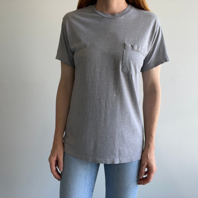 2000s Soft, Slouchy, Stained Blank Gray Pocket T-Shirt by Hanes