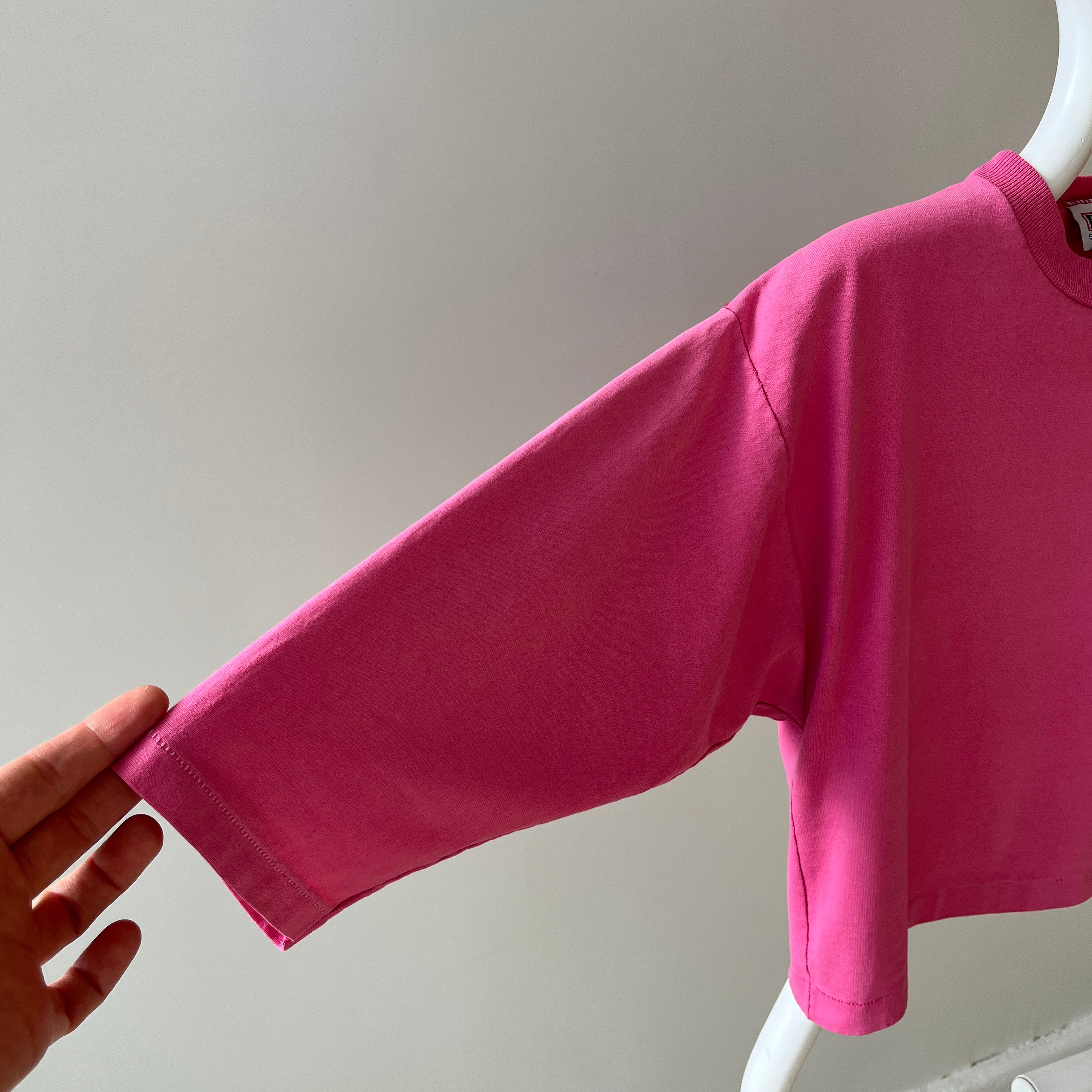 1980s Cropped Bubblegum Pink Tapered 1/2 Sleeve T-Shirt with Some Faint Staining and Wear