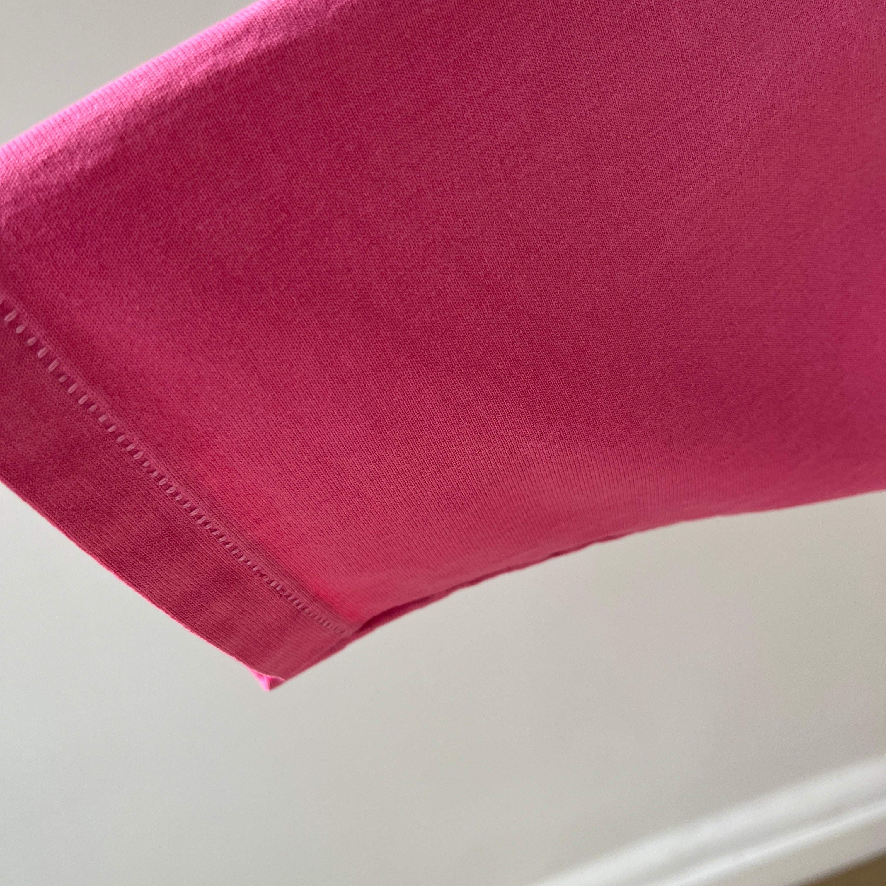 1980s Cropped Bubblegum Pink Tapered 1/2 Sleeve T-Shirt with Some Faint Staining and Wear