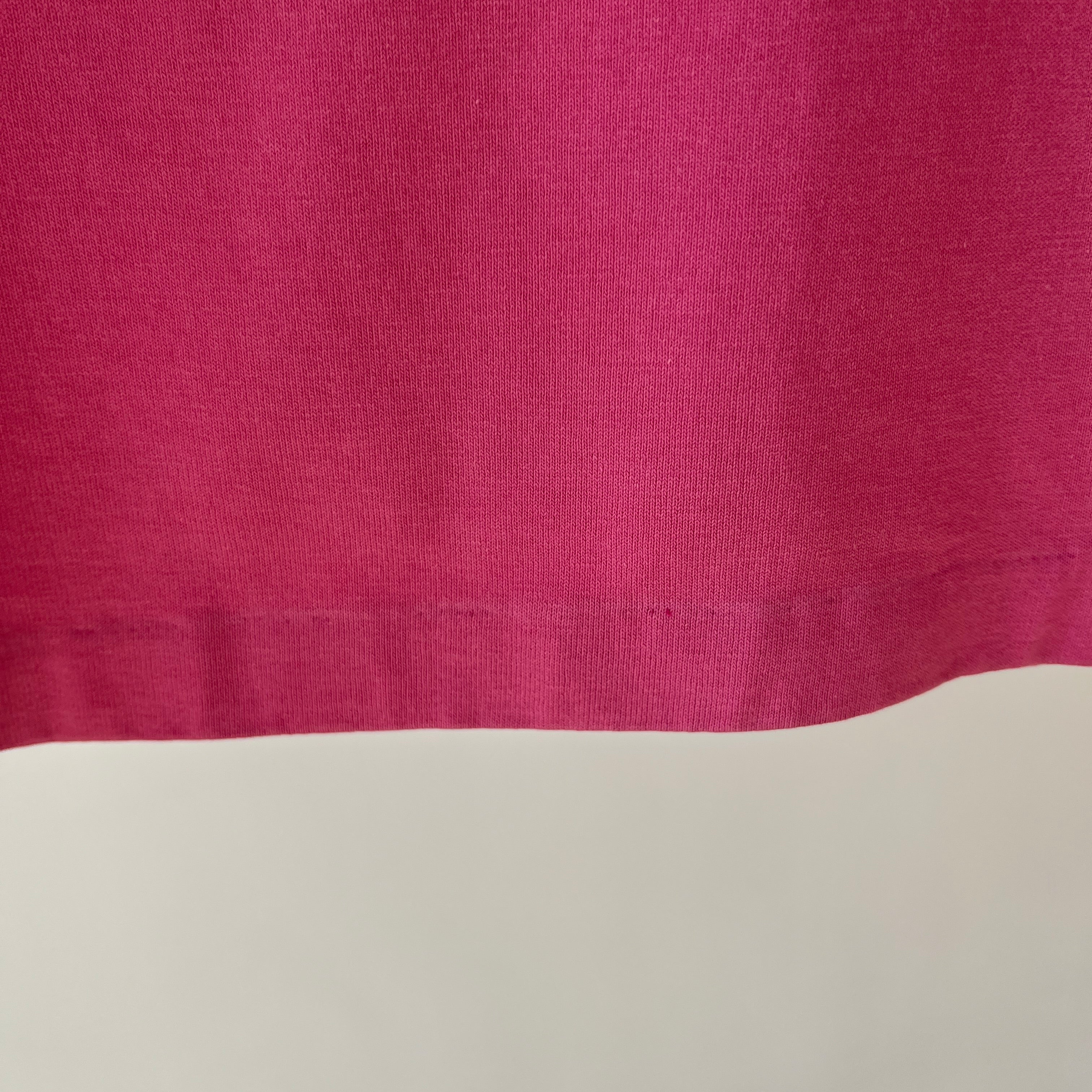 1980s Cropped Bubblegum Pink Tapered 1/2 Sleeve T-Shirt with Some Faint Staining and Wear