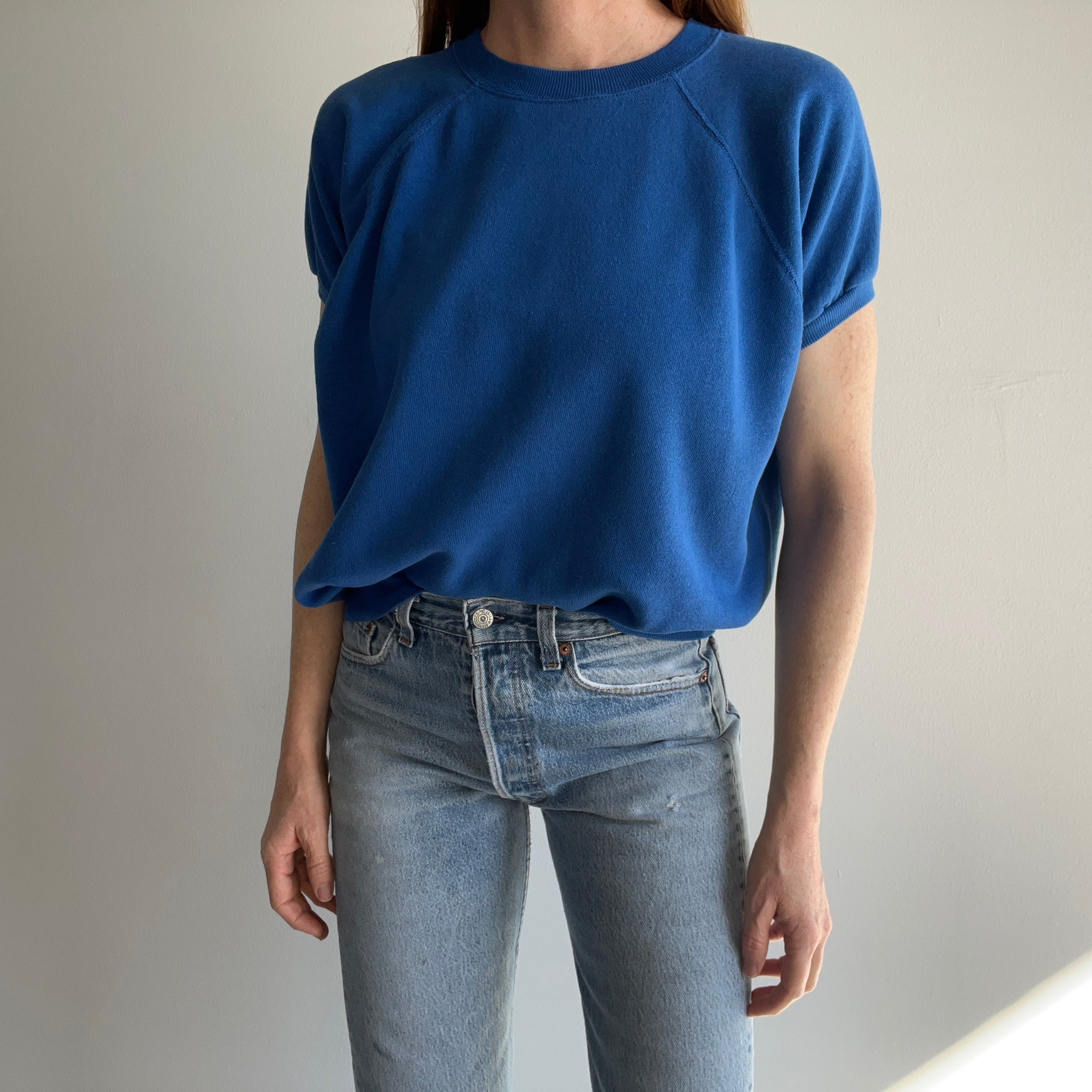 1980s Blank Blue Shorter Sleeved Warm Up Sweatshirt - Great Shape