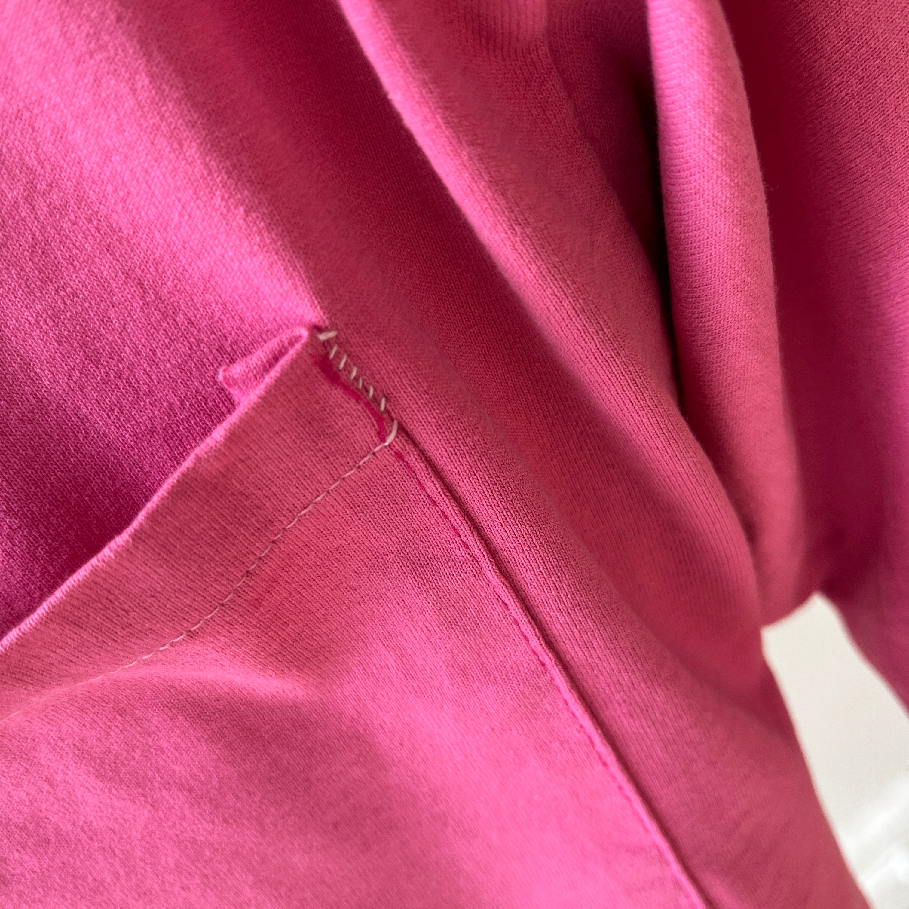 1980s Cropped Bubblegum Pink Tapered 1/2 Sleeve T-Shirt with Some Faint Staining and Wear