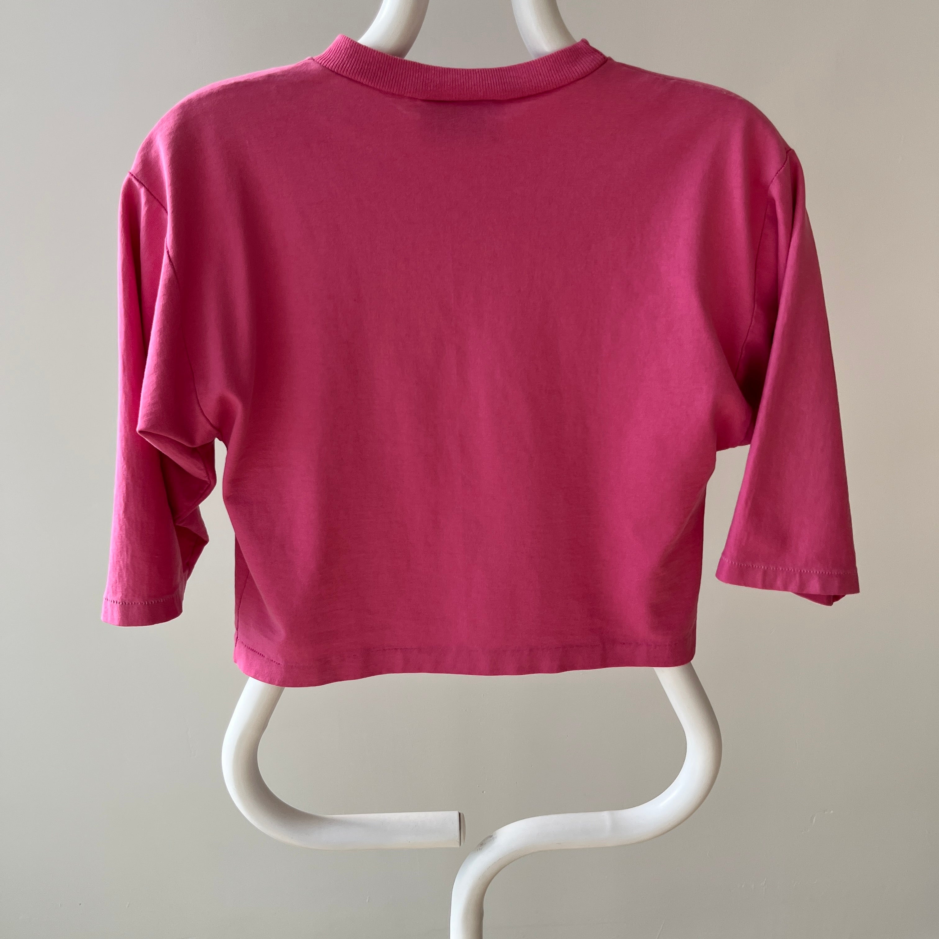 1980s Cropped Bubblegum Pink Tapered 1/2 Sleeve T-Shirt with Some Faint Staining and Wear