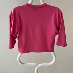 1980s Cropped Bubblegum Pink Tapered 1/2 Sleeve T-Shirt with Some Faint Staining and Wear