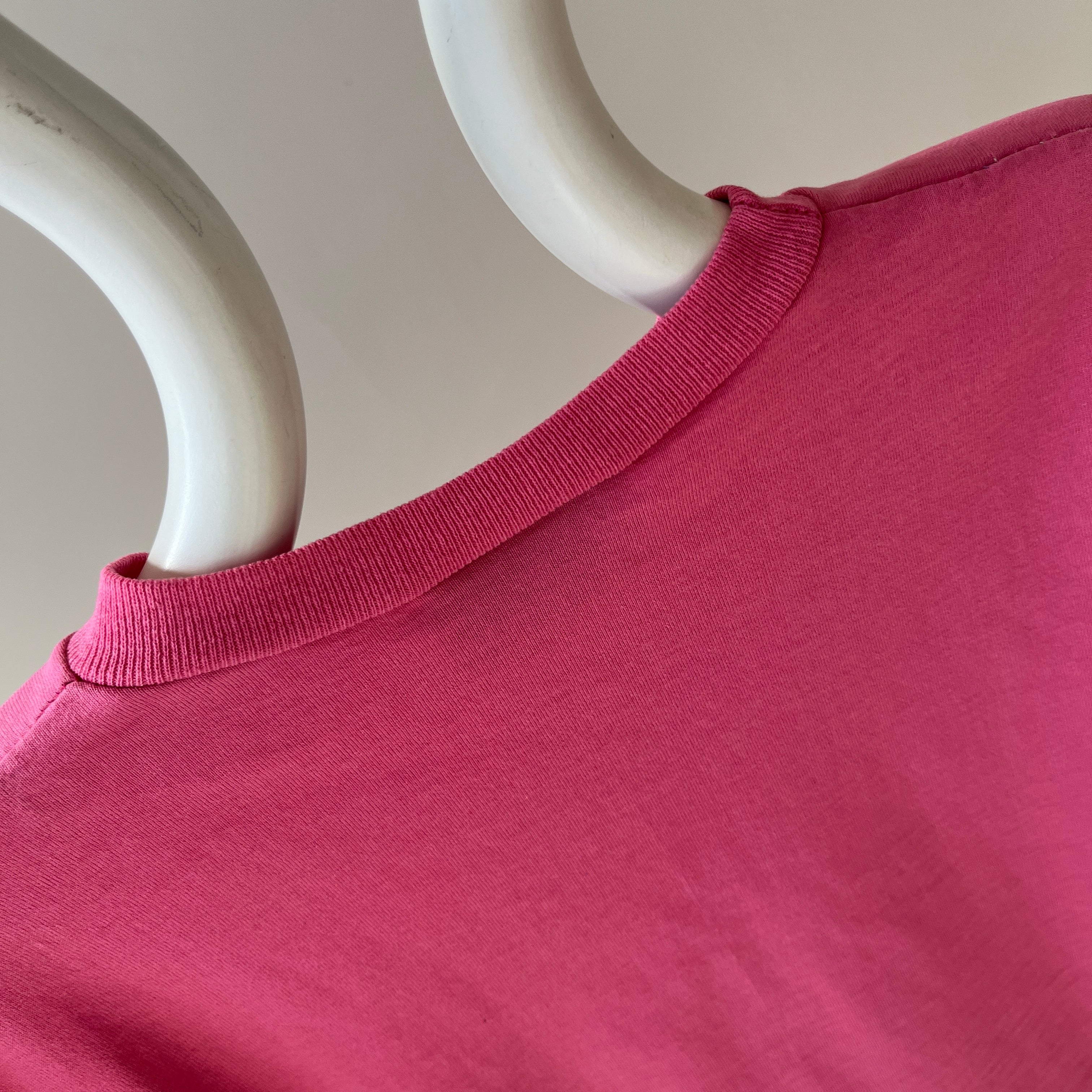 1980s Cropped Bubblegum Pink Tapered 1/2 Sleeve T-Shirt with Some Faint Staining and Wear