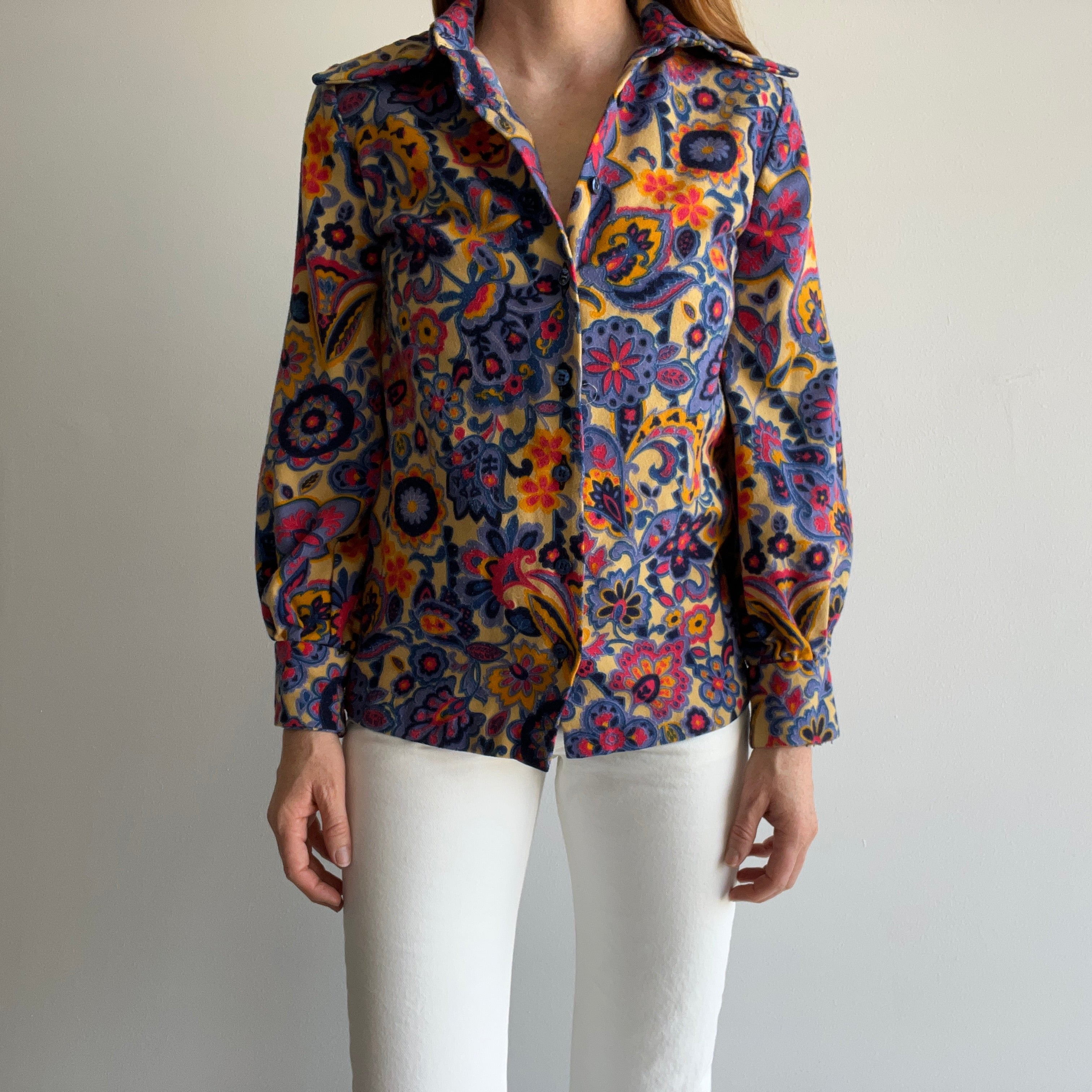 1970s Handmade Hippie Button Up Shirt with Super Collar Tips