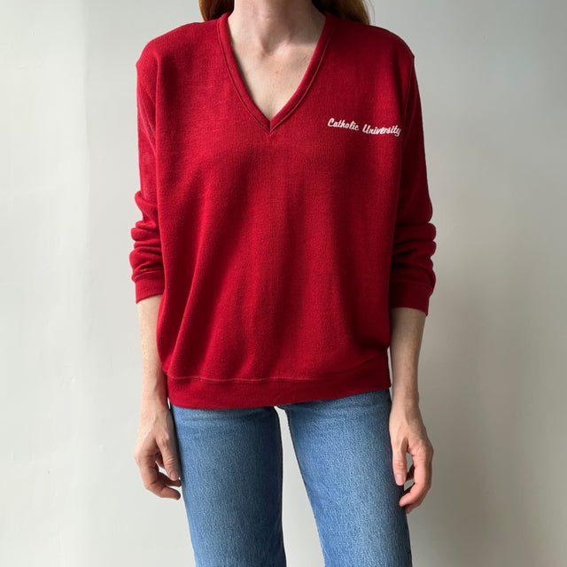 1970s Velva Sheen Catholic University V-Neck Sweater