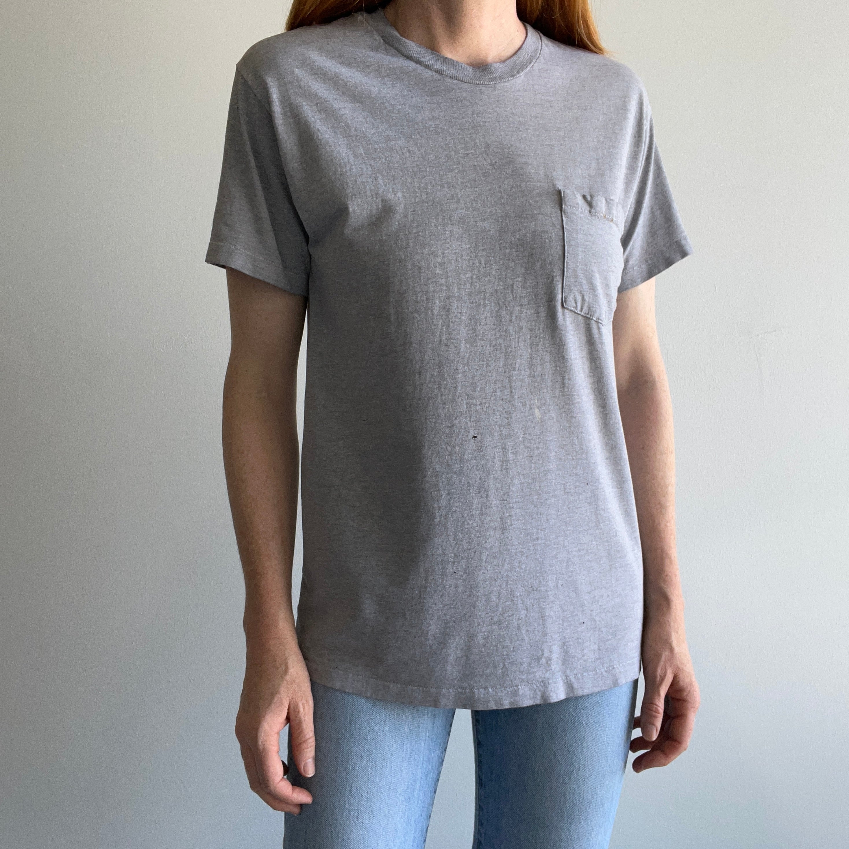 2000s Soft, Slouchy, Stained Blank Gray Pocket T-Shirt by Hanes