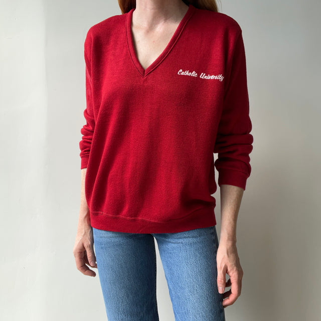 1970s Velva Sheen Catholic University V-Neck Sweater