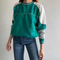 1980s Teal, White and Gray Color Block Sweatshirt