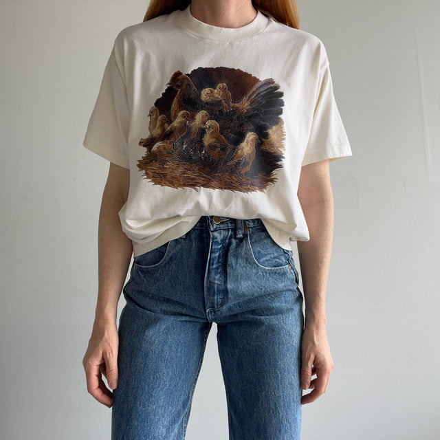 1990s Mother Hen and Her Chicks on a DIY Cropped Cotton T-Shirt
