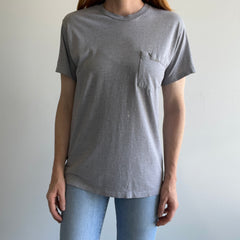 2000s Soft, Slouchy, Stained Blank Gray Pocket T-Shirt by Hanes