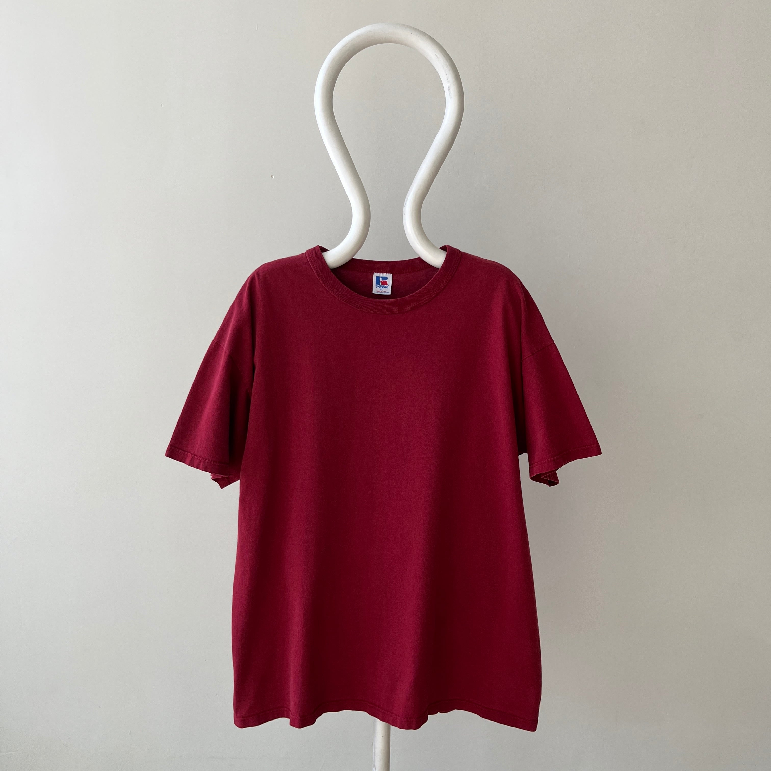 1990s Blank Burgundy Russell T Shirt - Rolled Neck - Classic