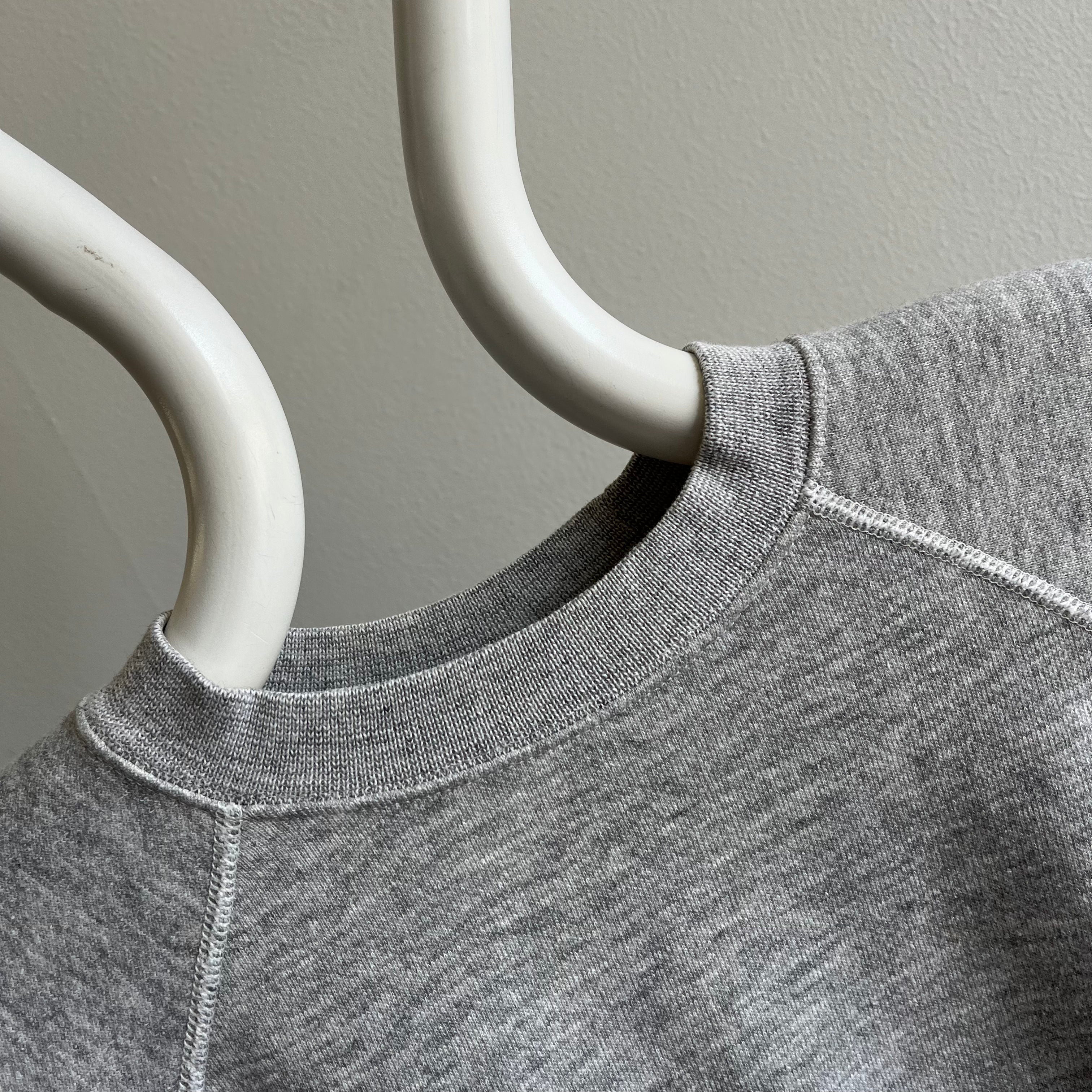 1980s Blank Gray Hanes Raglan with Contrast Stitching and Faint Rust Staining