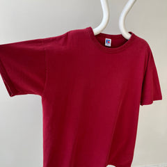 1990s Blank Burgundy Russell T Shirt - Rolled Neck - Classic