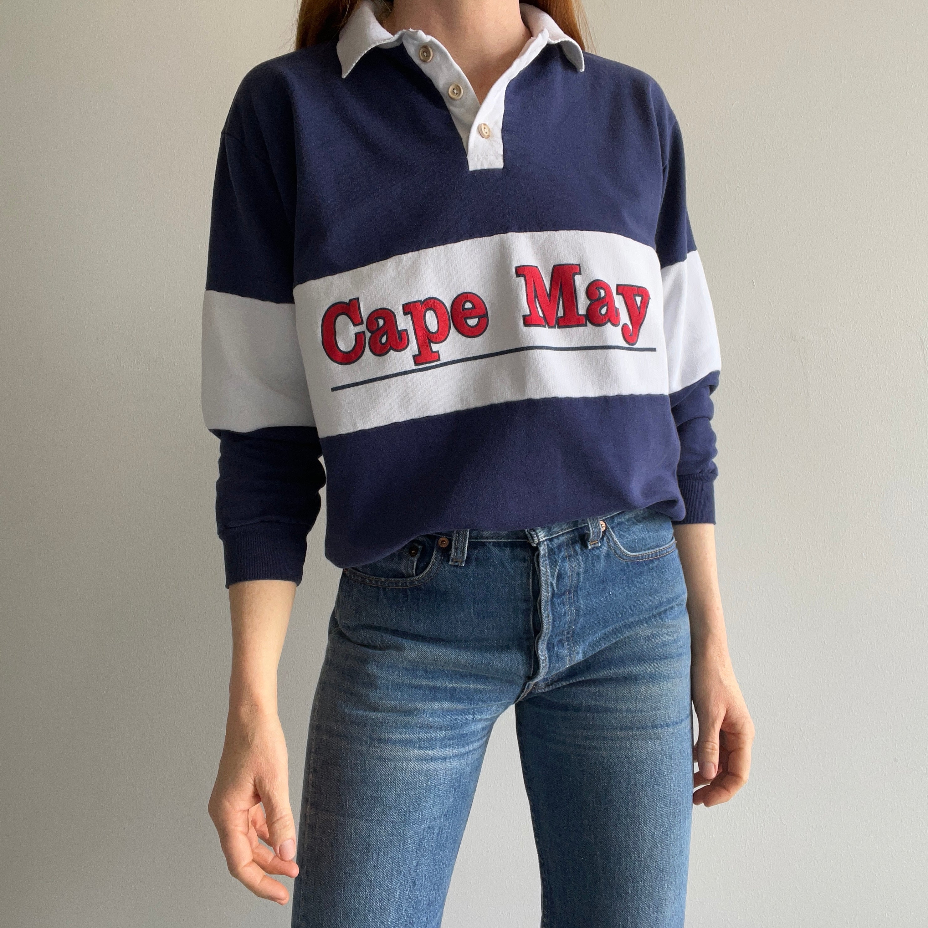 1980s Cape May Color Block Collared Sweatshirt w Wood Buttons :)