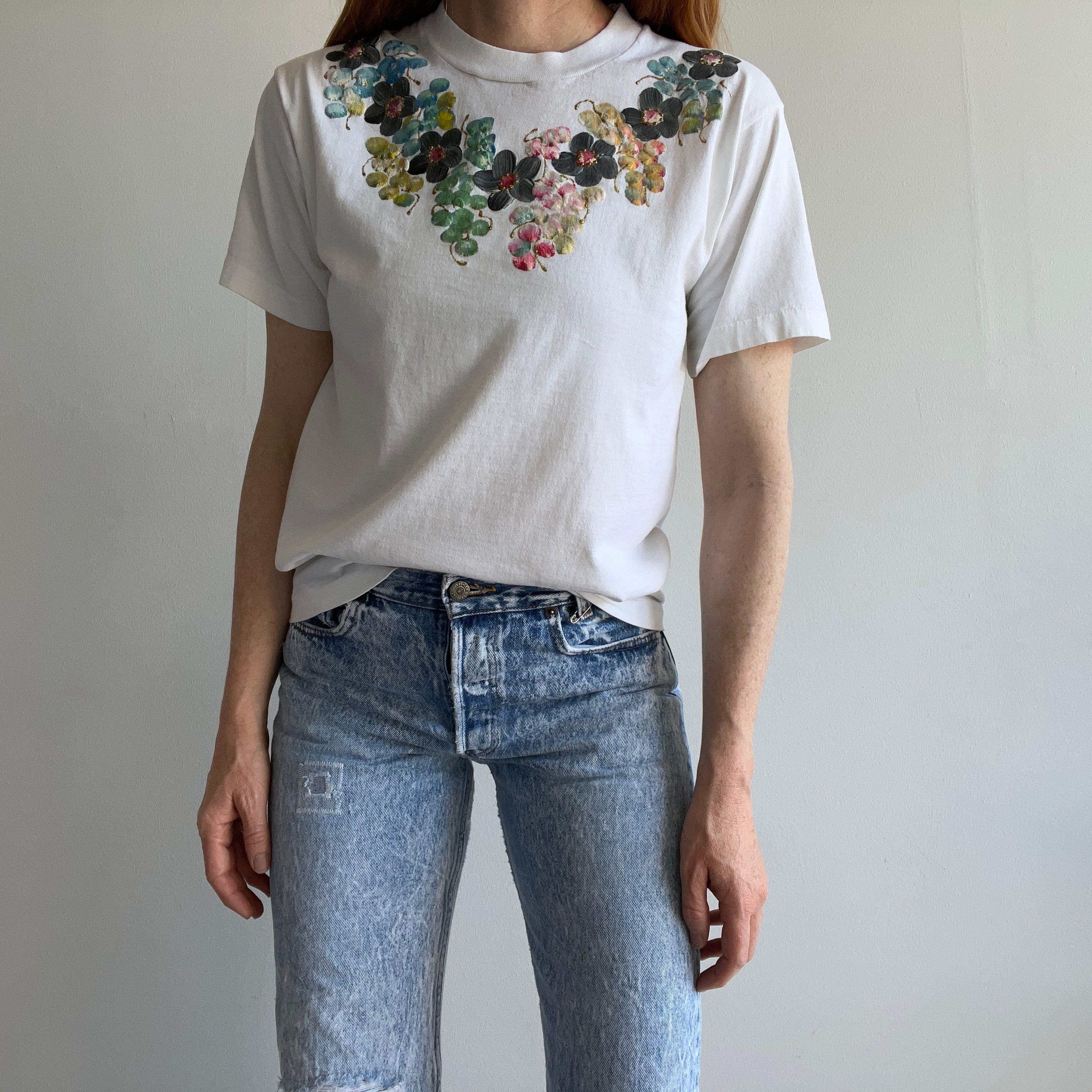 1980s DIY Floral Puffy Paint and Glitter T-Shirt by Screen Stars