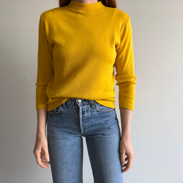 1970s Mustard Yellow Slouchy Mock Neck Knit Sweater/Shirt/Sweatshirt