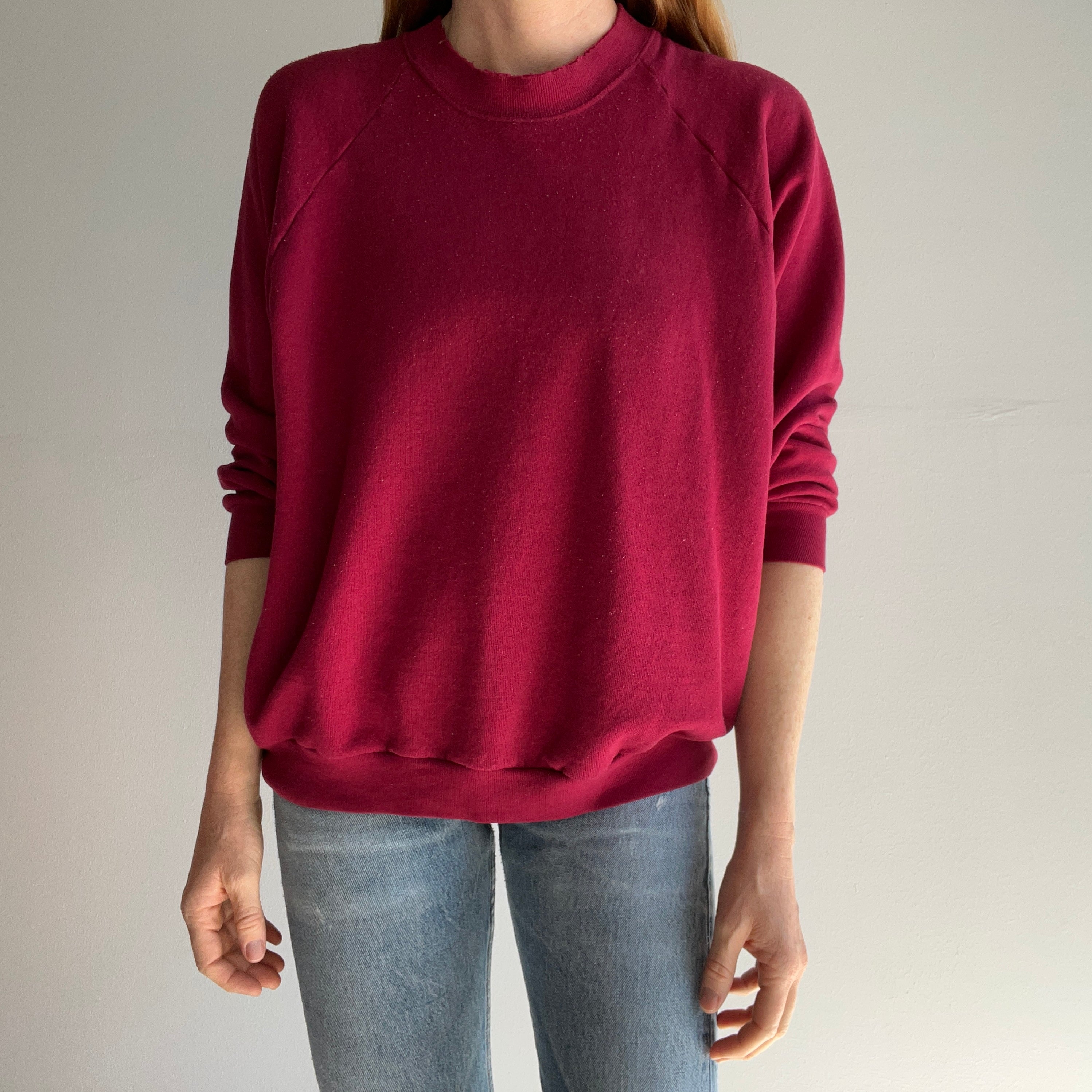 1980s Split Collar Lightly Pilled Thinning Blank Burgundy/Magenta Raglan