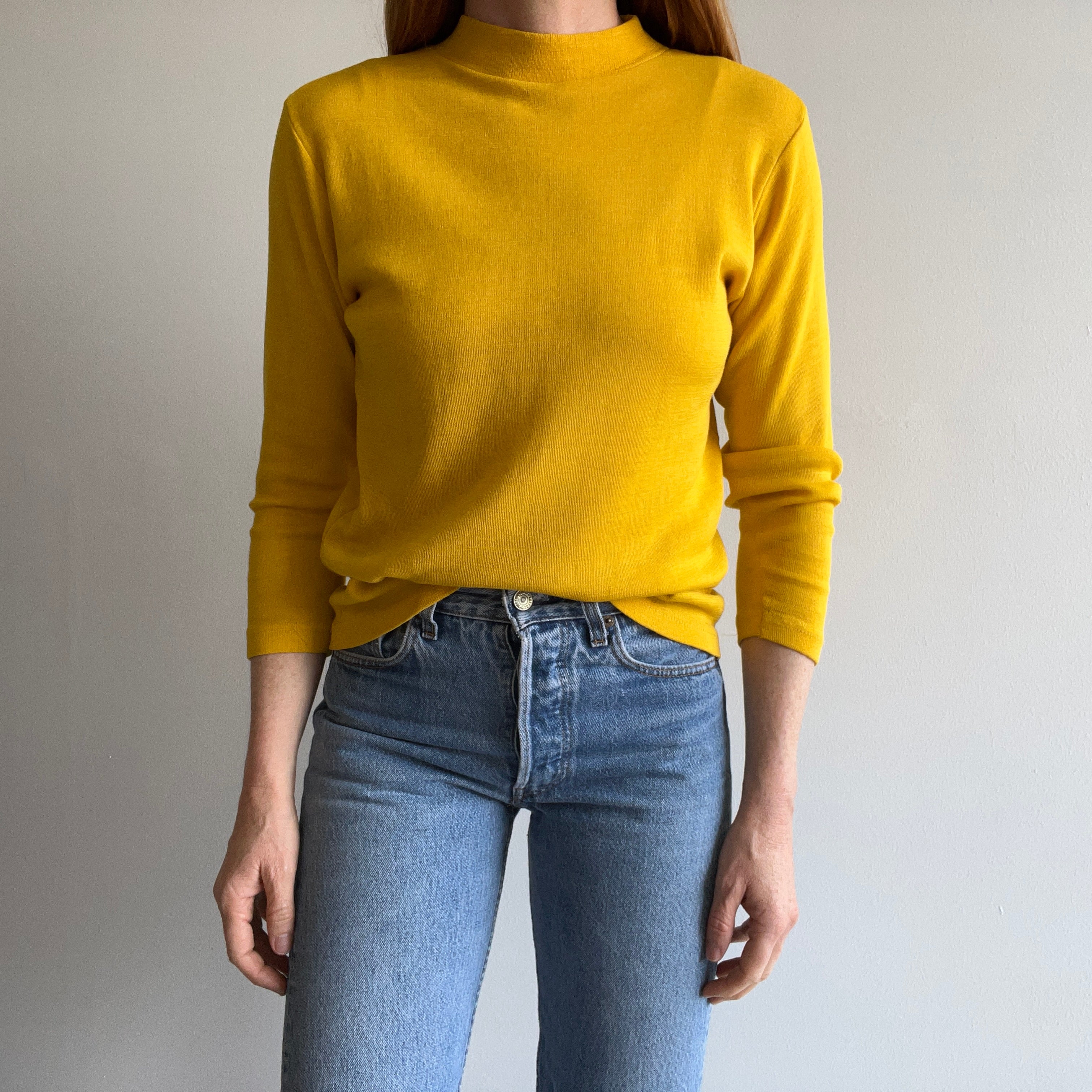 1970s Mustard Yellow Slouchy Mock Neck Knit Sweater/Shirt/Sweatshirt