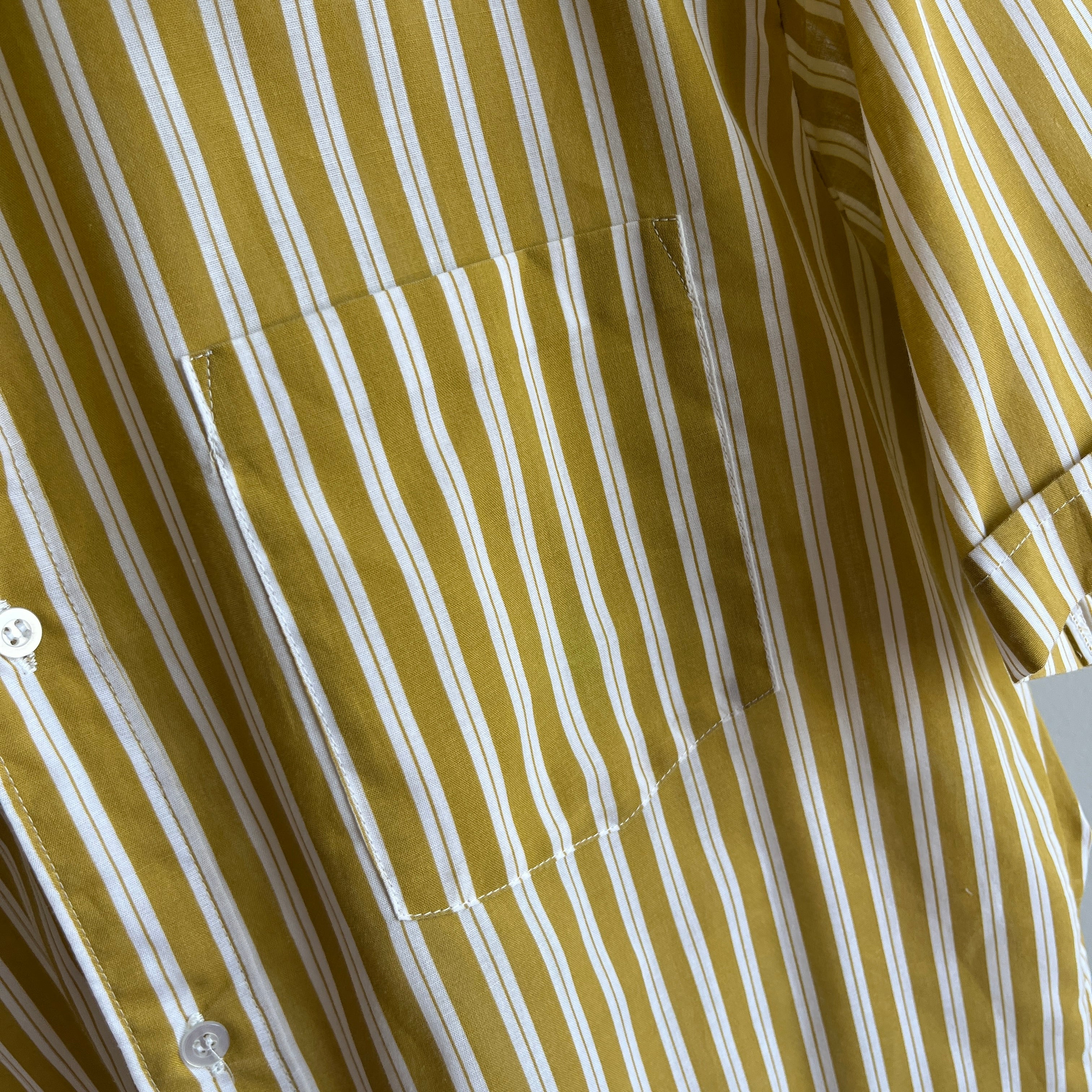 1980s Mustard and White Striped Short Sleeve Button Up Shirt