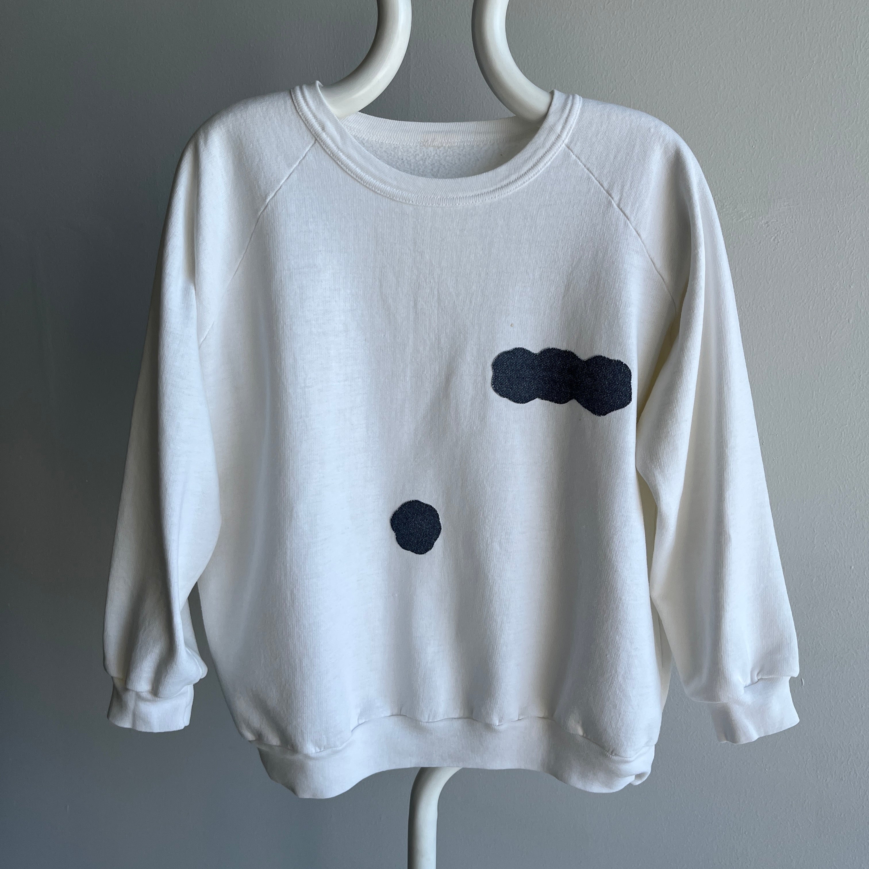 1970s DIY Denim Cloud Patch Sweatshirt with a Rolled Neck