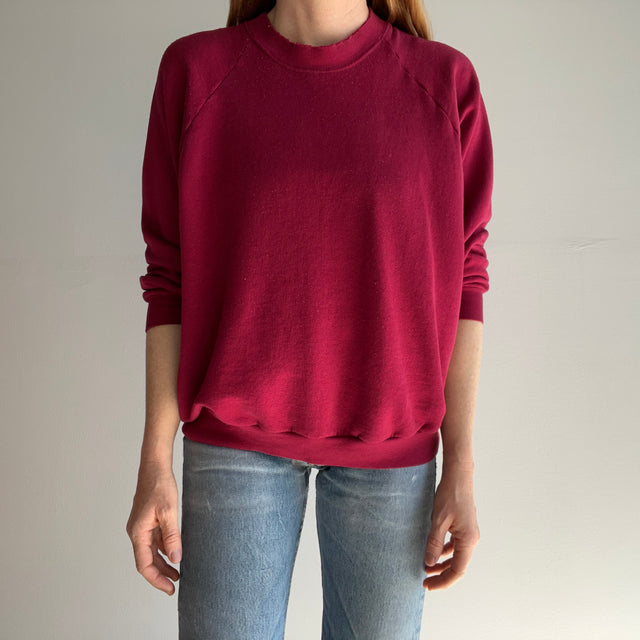 1980s Split Collar Lightly Pilled Thinning Blank Burgundy/Magenta Raglan