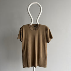 1980s Flat White Colored Blank Brown Rolled Neck T-Shirt