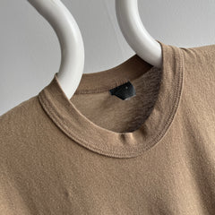 1980s Flat White Colored Blank Brown Rolled Neck T-Shirt