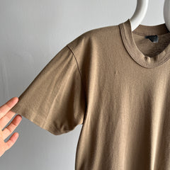 1980s Flat White Colored Blank Brown Rolled Neck T-Shirt