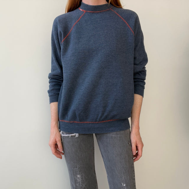 1980s Faded Gray/Blue Navy Sweatshirt with Orange Contrast Stitching - A Beauty