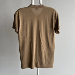 1980s Flat White Colored Blank Brown Rolled Neck T-Shirt