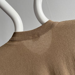 1980s Flat White Colored Blank Brown Rolled Neck T-Shirt