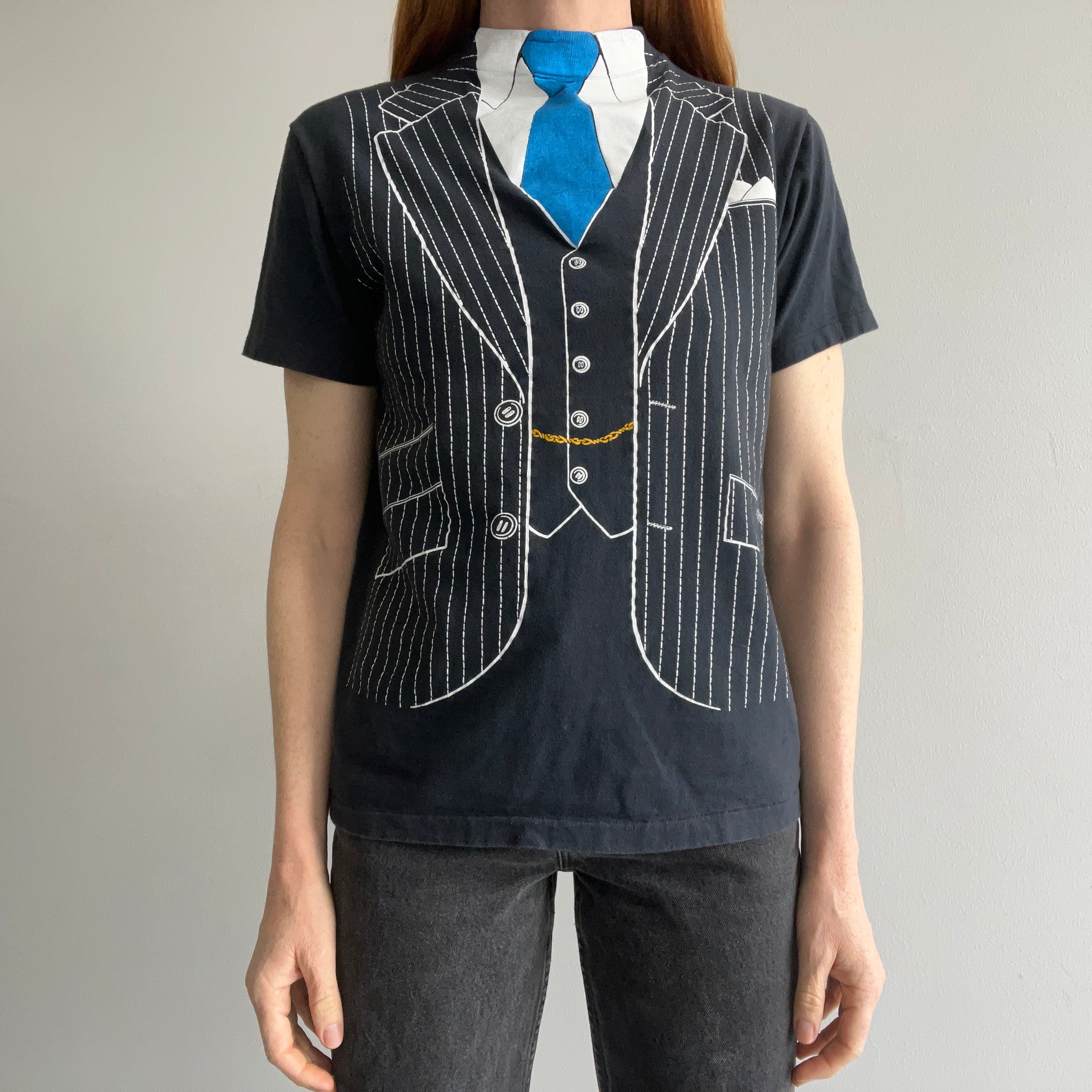 1980 Double Breasted Suit with A Blue Tie and A Mock Neck T-SHirt