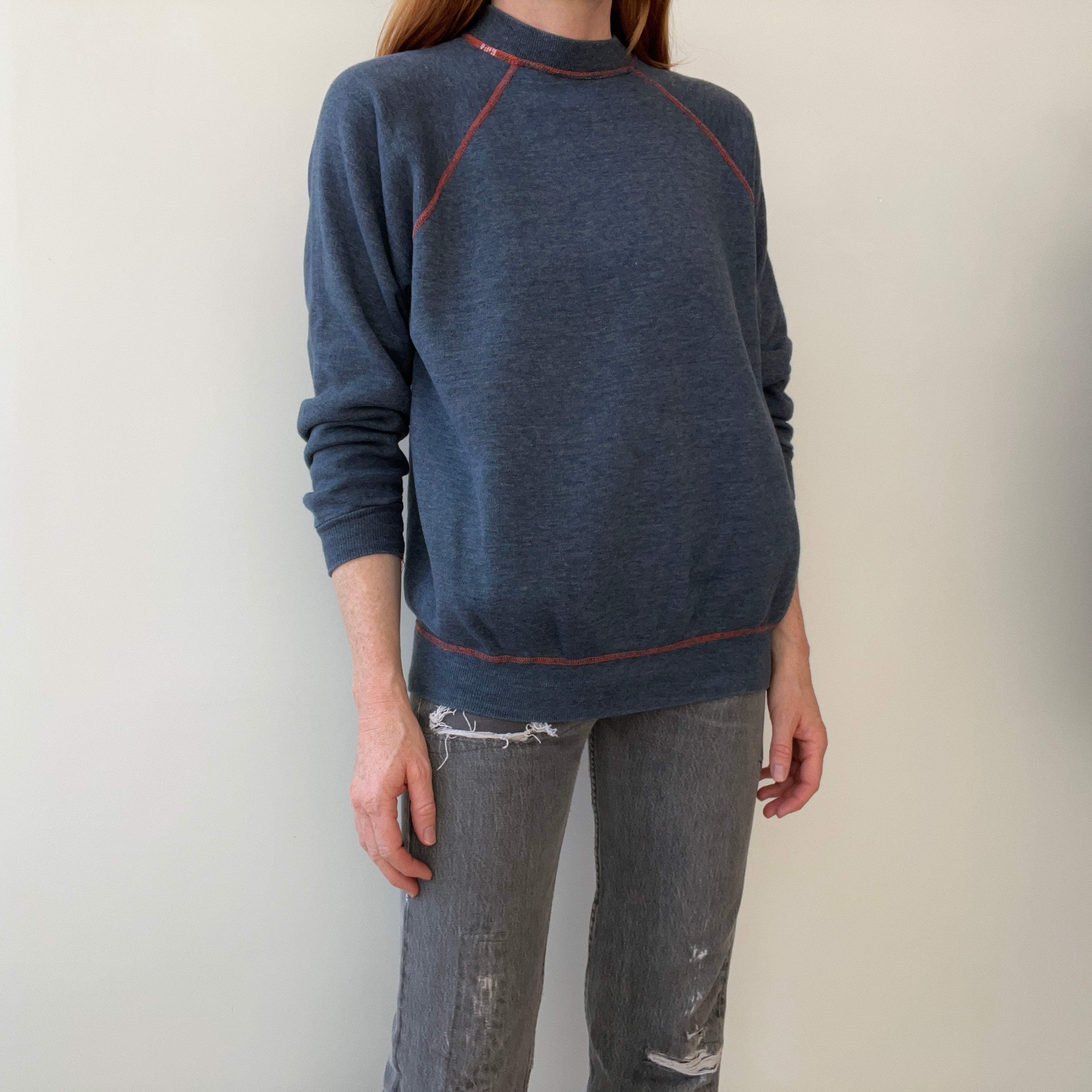 1980s Faded Gray/Blue Navy Sweatshirt with Orange Contrast Stitching - A Beauty