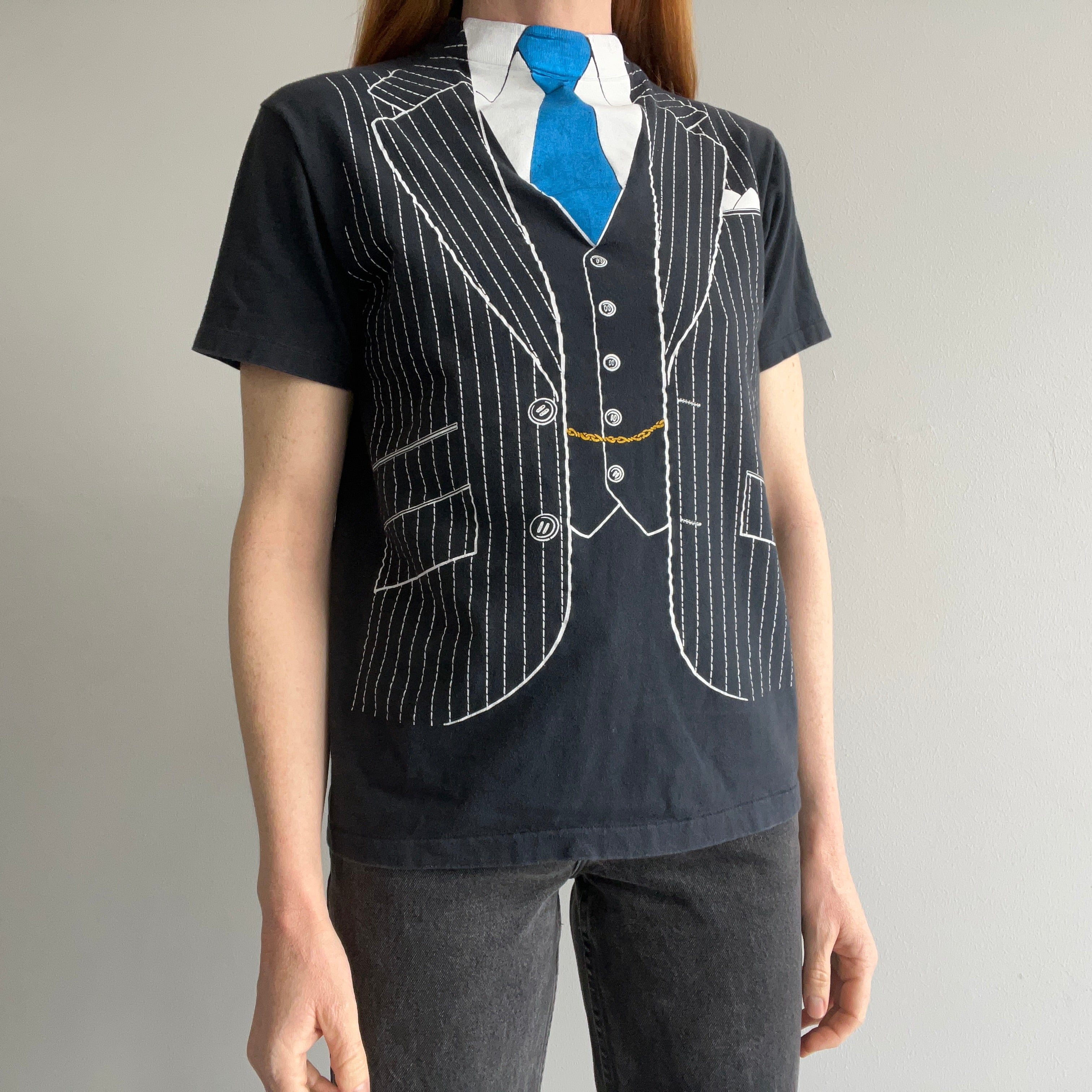 1980 Double Breasted Suit with A Blue Tie and A Mock Neck T-SHirt