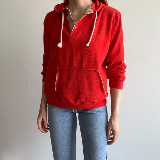 1970/80s Terry Cloth Feel Orange/Red 1/4 Henley Hoodie