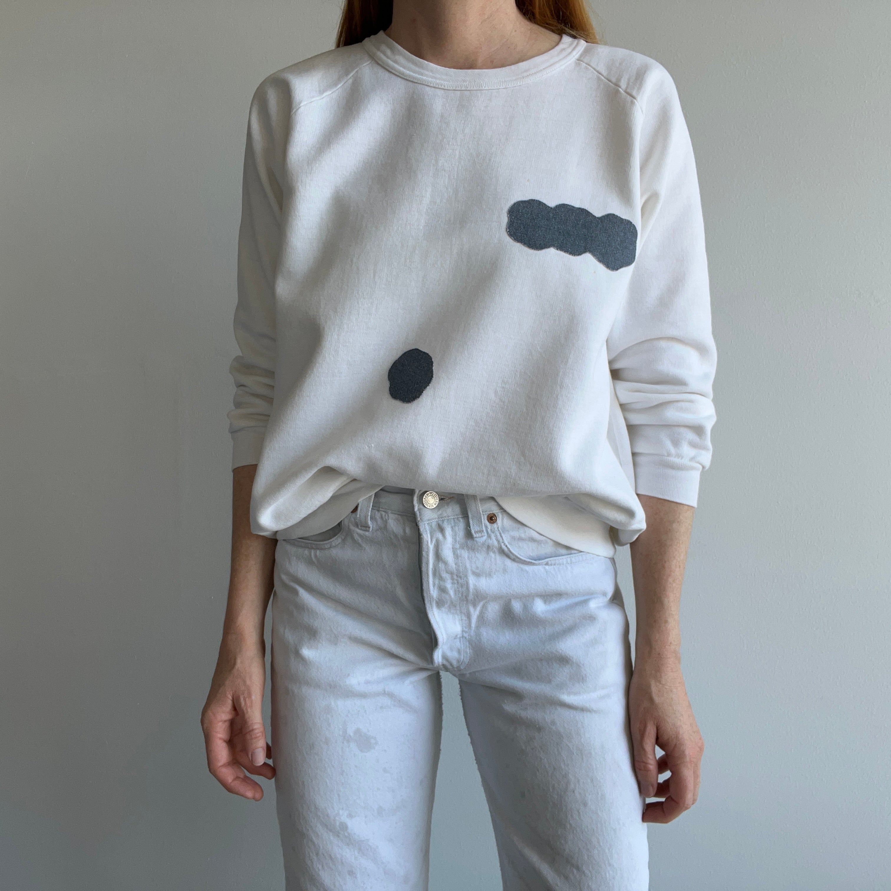 1970s DIY Denim Cloud Patch Sweatshirt with a Rolled Neck