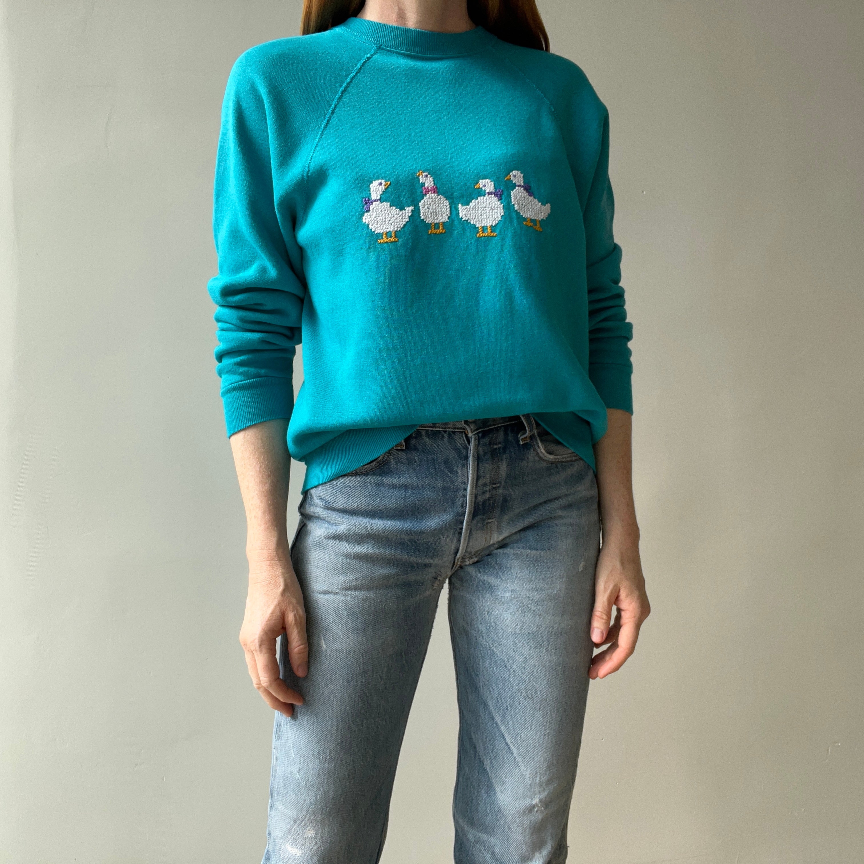 1980s DIY Needlepoint (?) Goose (?) Sweatshirt