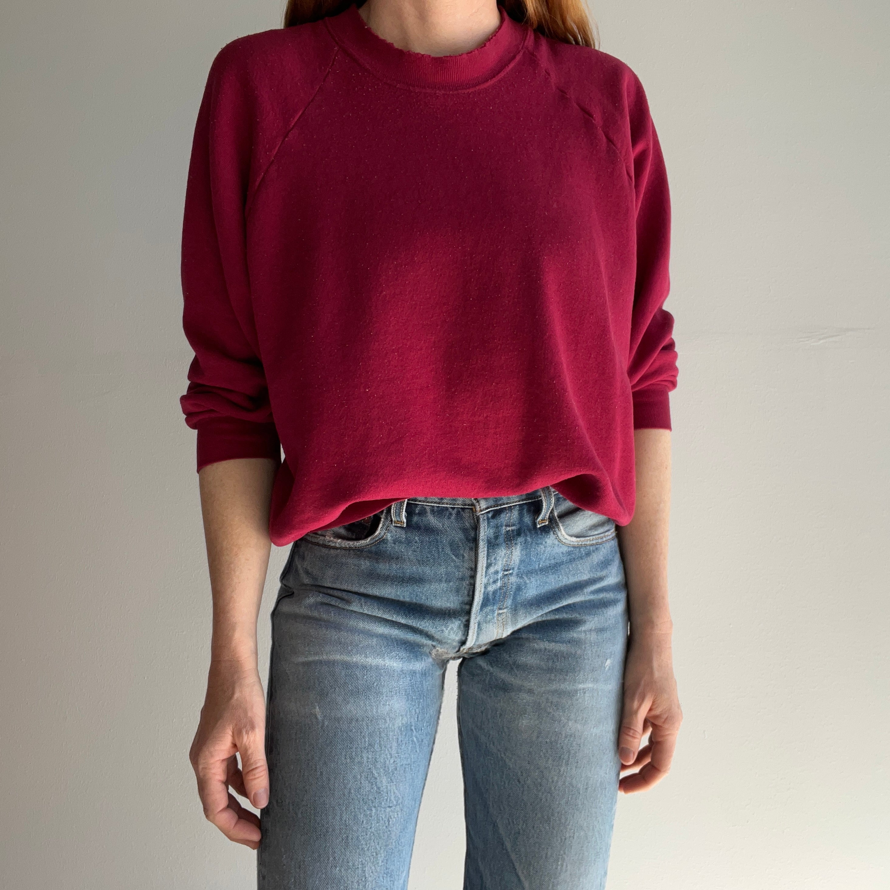 1980s Split Collar Lightly Pilled Thinning Blank Burgundy/Magenta Raglan