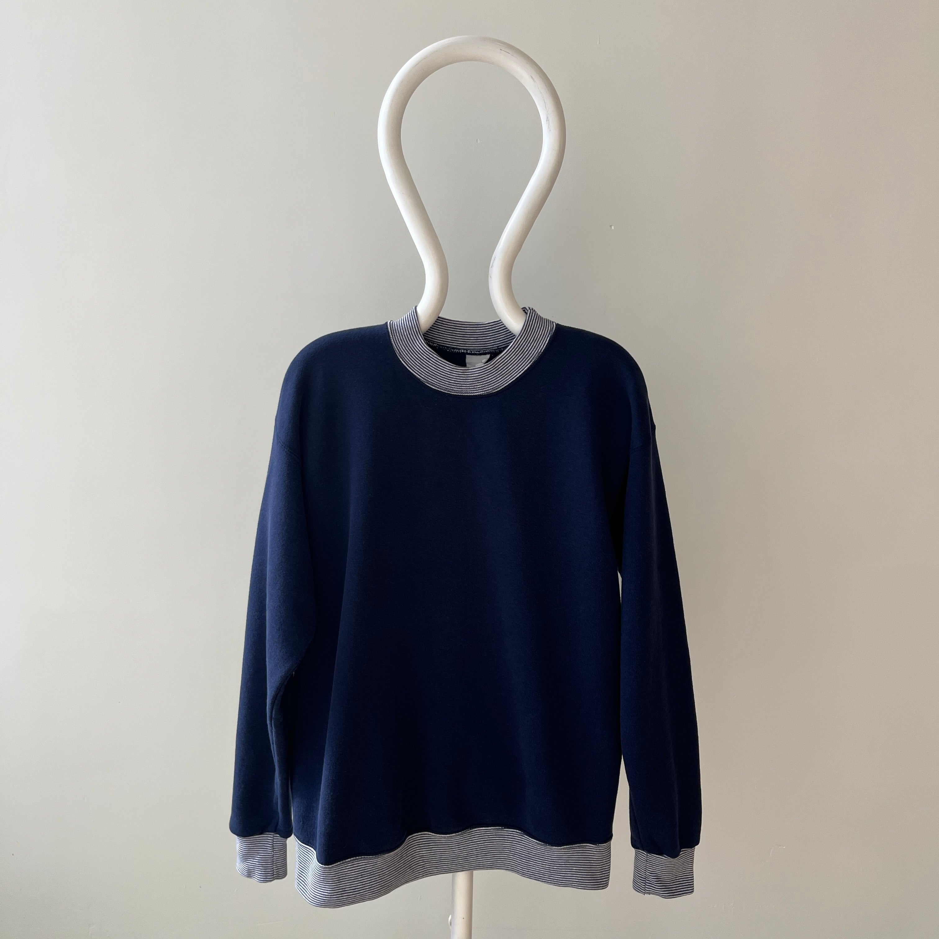 1980/90s Blank Navy Heavyweight Sweatshirt with Striped Collar and Cuffs - !!!